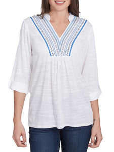 Knit Top with Embroidered Yoke - White