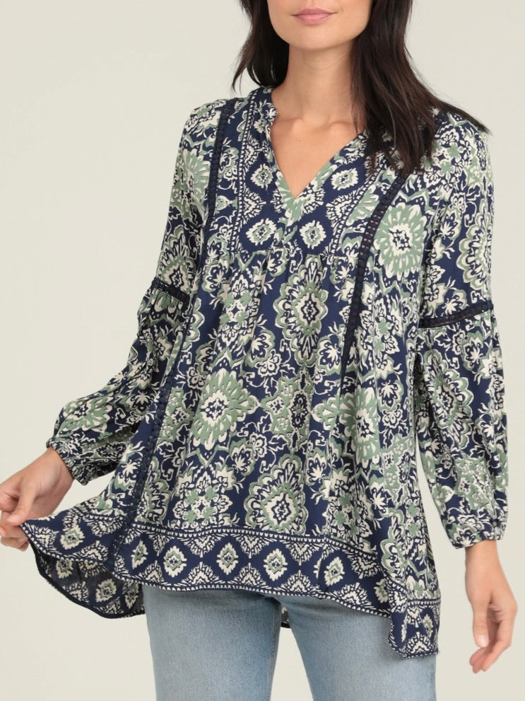 Long Sleeve Lace Trim Top - Blue/Green