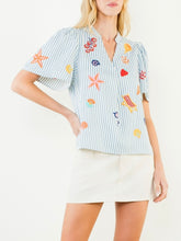Load image into Gallery viewer, Beach Embroidered Stripe Top - Blue/Off White

