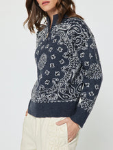 Load image into Gallery viewer, Navy blue bandana print knit half zip pullover sweater with paisley pattern on woman model - 2
