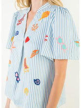 Load image into Gallery viewer, Beach Embroidered Stripe Top - Blue/Off White
