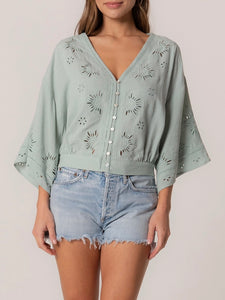 3/4 Sleeve Open Embroidery Top - Seafoam