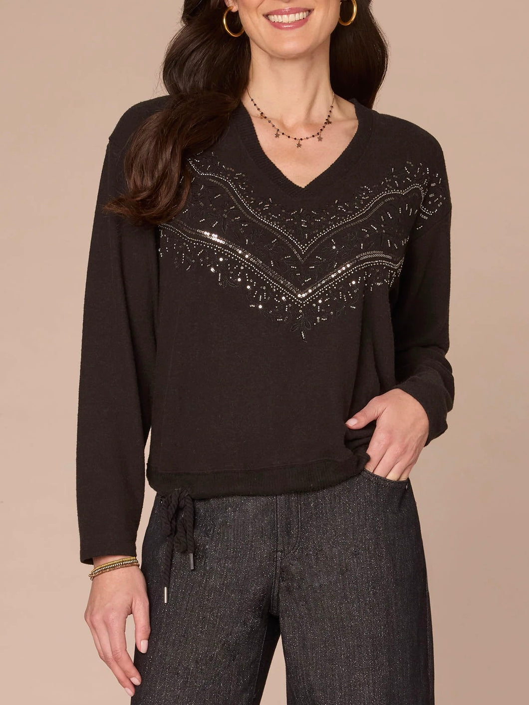 Brushed Top with Sequins - Black