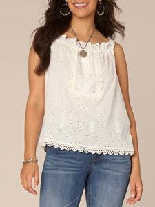 Square Neck Eyelet Embroidered Tank - White