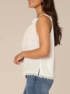 Square Neck Eyelet Embroidered Tank - White