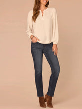 Load image into Gallery viewer, Heather cream mix media notch neck top with lace yoke, ribbed front, and balloon sleeves paired with dark jeans - 3
