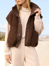 Load image into Gallery viewer, Brown sherpa shearling vest with snap buttons layered over cream sweatshirt set, women's cozy fall outerwear - 1
