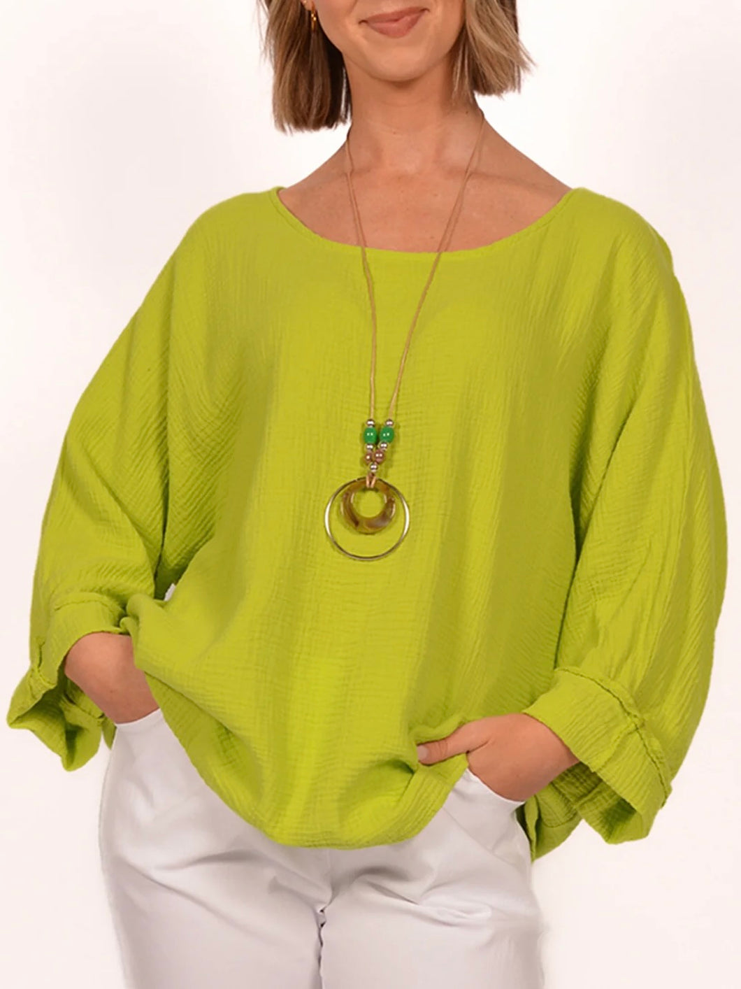 Gauze Top with Necklace - Lime