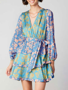 Tiered Dress with Belt - Blue Multi