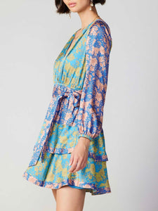 Tiered Dress with Belt - Blue Multi