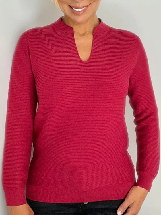 Notched Neck Ribbed Sweater - Red FINAL SALE