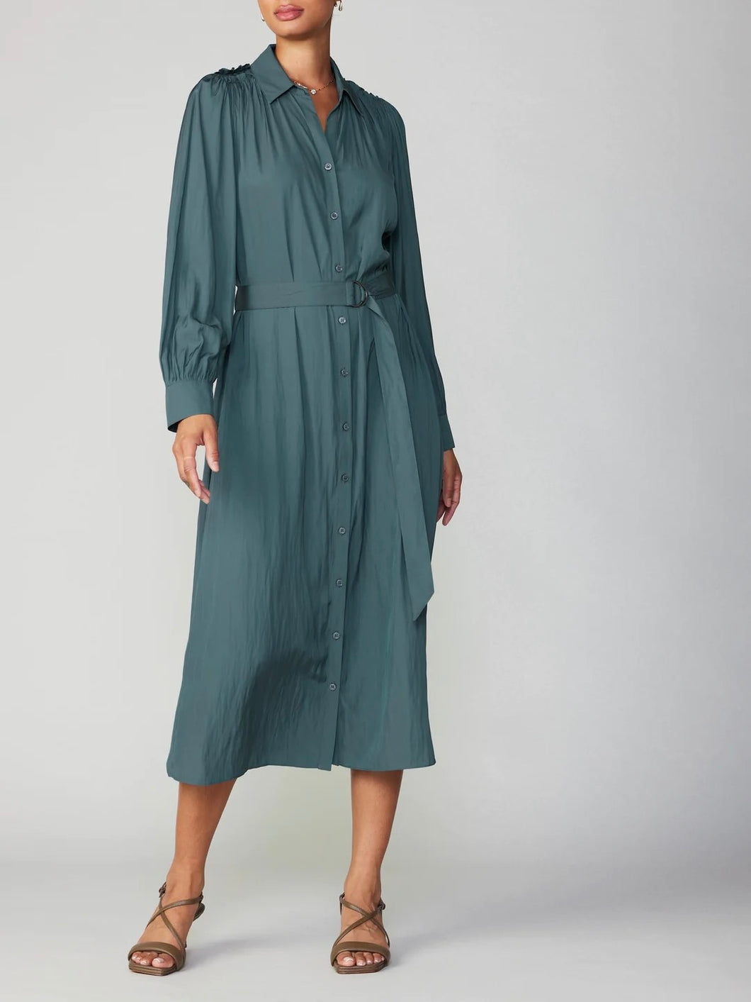 Long Shirt Dress with Tie - Fern Green