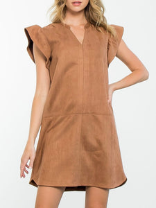 Suede Flutter Sleeve Dress - Brown