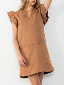 Suede Flutter Sleeve Dress - Brown FINAL SALE