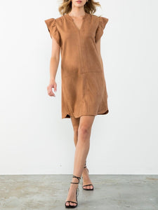 Suede Flutter Sleeve Dress - Brown FINAL SALE