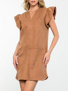 Suede Flutter Sleeve Dress - Brown