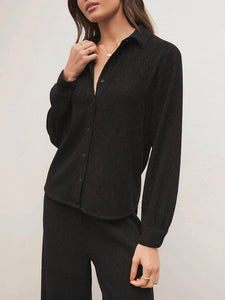 Crinkle Knit Button Down Shirt - Black