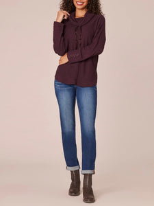 Cowl Neck Top with Tie - Heather Dark Raisin