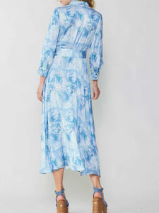 Print Buttondown Midi Dress - Multi Blue