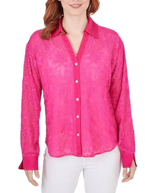 Embroidered Button-down Blouse - Raspberry