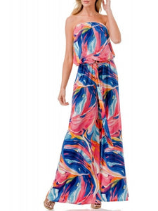 Strapless Jumpsuit with Belt- Blue/Coral