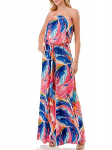 Strapless Jumpsuit with Belt- Blue/Coral