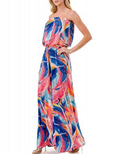 Load image into Gallery viewer, Strapless Jumpsuit with Belt- Blue/Coral
