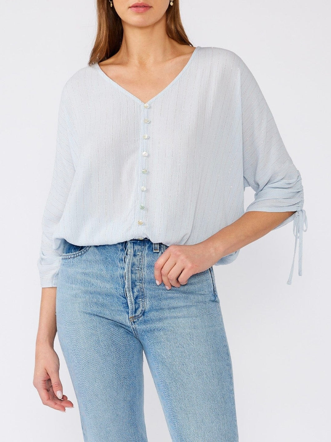 Lurex & Ruched Sleeve Top - Blue
