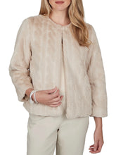 Load image into Gallery viewer, Oatmeal faux fur jacket with collarless neckline, long sleeves, and open front styling on woman - 1
