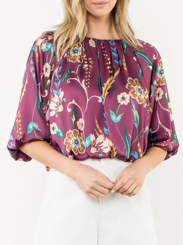 Floral Satin Top - Burgundy