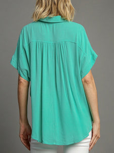 Embroidered Short Sleeve Button Down Top - Aqua