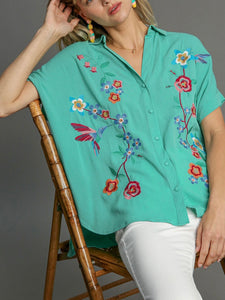 Embroidered Short Sleeve Button Down Top - Aqua