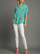 Load image into Gallery viewer, Embroidered Short Sleeve Button Down Top - Aqua
