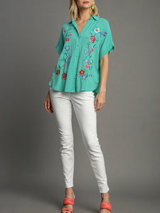 Embroidered Short Sleeve Button Down Top - Aqua