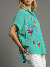 Load image into Gallery viewer, Embroidered Short Sleeve Button Down Top - Aqua

