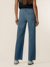 Load image into Gallery viewer, Meg High Rise Wide Leg Jeans in medium blue wash with patch pockets, paired with gray sneakers - 3
