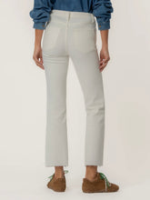 Load image into Gallery viewer, Kelsey high rise ankle flare jeans in ecru paired with blue denim shirt and brown sneakers with green laces - 3
