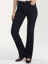 Load image into Gallery viewer, Bobbie Baby Boot Jean in Nocturnal Haze dark wash denim, high-rise flare fit, paired with white ribbed top - 6
