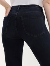 Load image into Gallery viewer, Bobbie Baby Boot Jean in Nocturnal Haze dark wash denim, high-rise flare fit, paired with white ribbed top - 5
