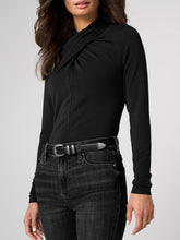 Load image into Gallery viewer, Black twist front high neck long sleeve top styled with dark wash jeans and western belt, fitted silhouette - 1
