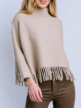 Load image into Gallery viewer, Sachi Fringe Sweater in Warm Wheat, cozy mock neck knit top with boho fringe hem, women's boutique style - 3
