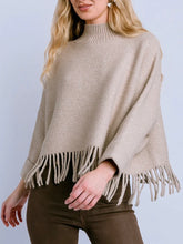 Load image into Gallery viewer, Sachi Fringe Sweater in Warm Wheat, cozy mock neck knit top with boho fringe hem, women's boutique style - 1
