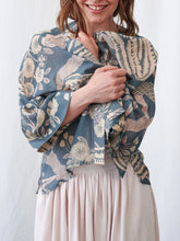 Load image into Gallery viewer, Rosa Blue floral kimono jacket with beige botanical print over blush pink strapless top and maxi skirt - 3
