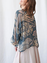 Load image into Gallery viewer, Rosa Blue floral kimono jacket with beige botanical print over blush pink strapless top and maxi skirt - 4
