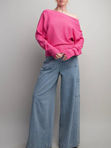 Boat Neck Ribbed Sweater - Hot Pink
