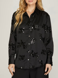Satin and Sequin Button Down - Black