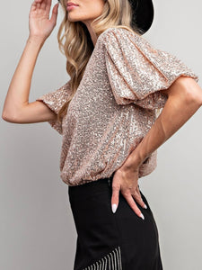 Sequin Puff Sleeve Top - Gold