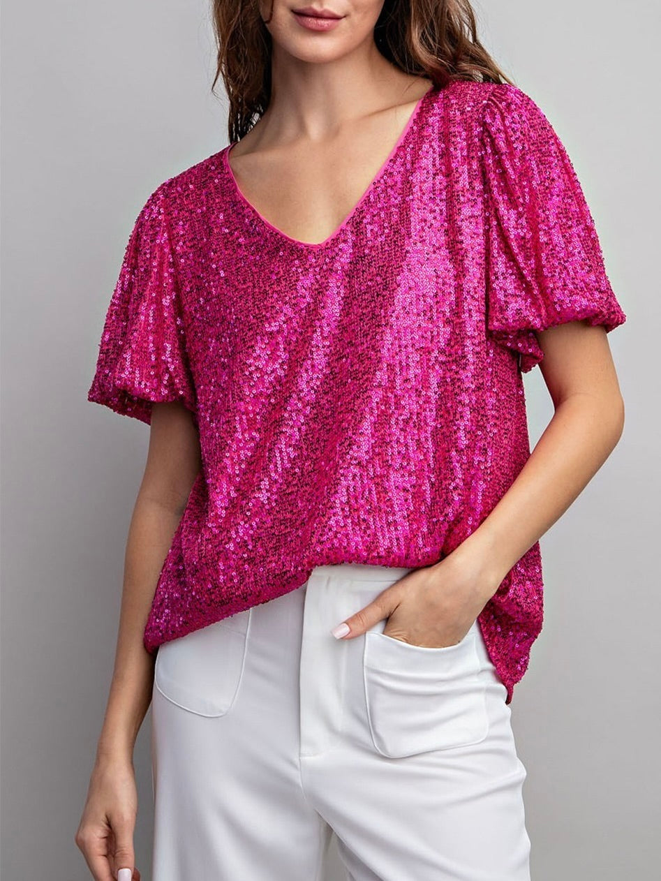 Sequin Puff Sleeve Top - Hot Pink