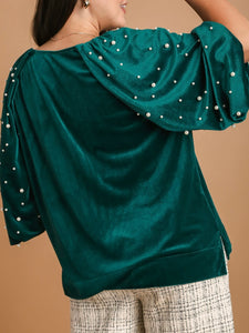 Velvet Top with Pearls - Green FINAL SALE
