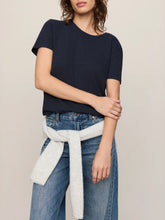 Load image into Gallery viewer, Woman wearing Foundation Slub Tee in Eclipse navy blue, classic crew neck short sleeve cotton t-shirt with jeans - 6
